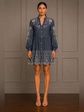 Veronica Beard Embroidered Cotton Mini Shirt Dress Blue Eyelet Size XS